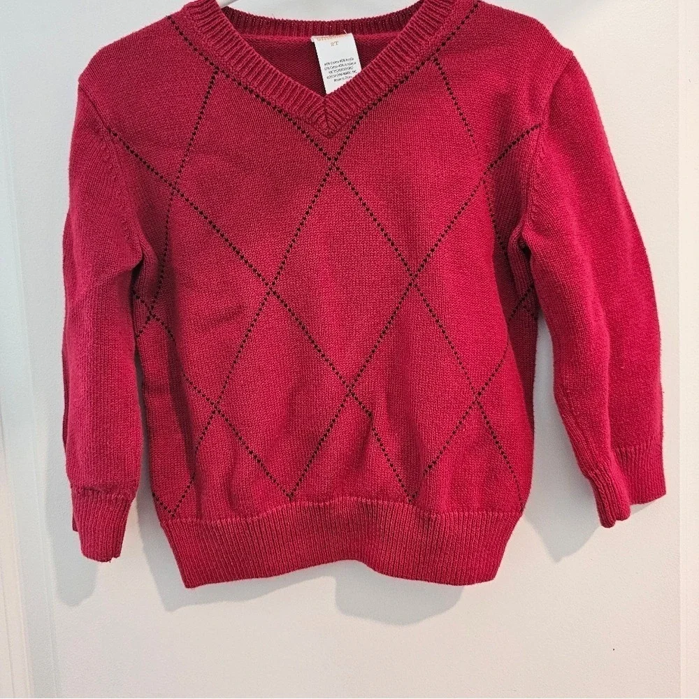 Gymboree Red Argyle V-Neck Sweater 2T Cotton Acrylic Blend‎ Kids